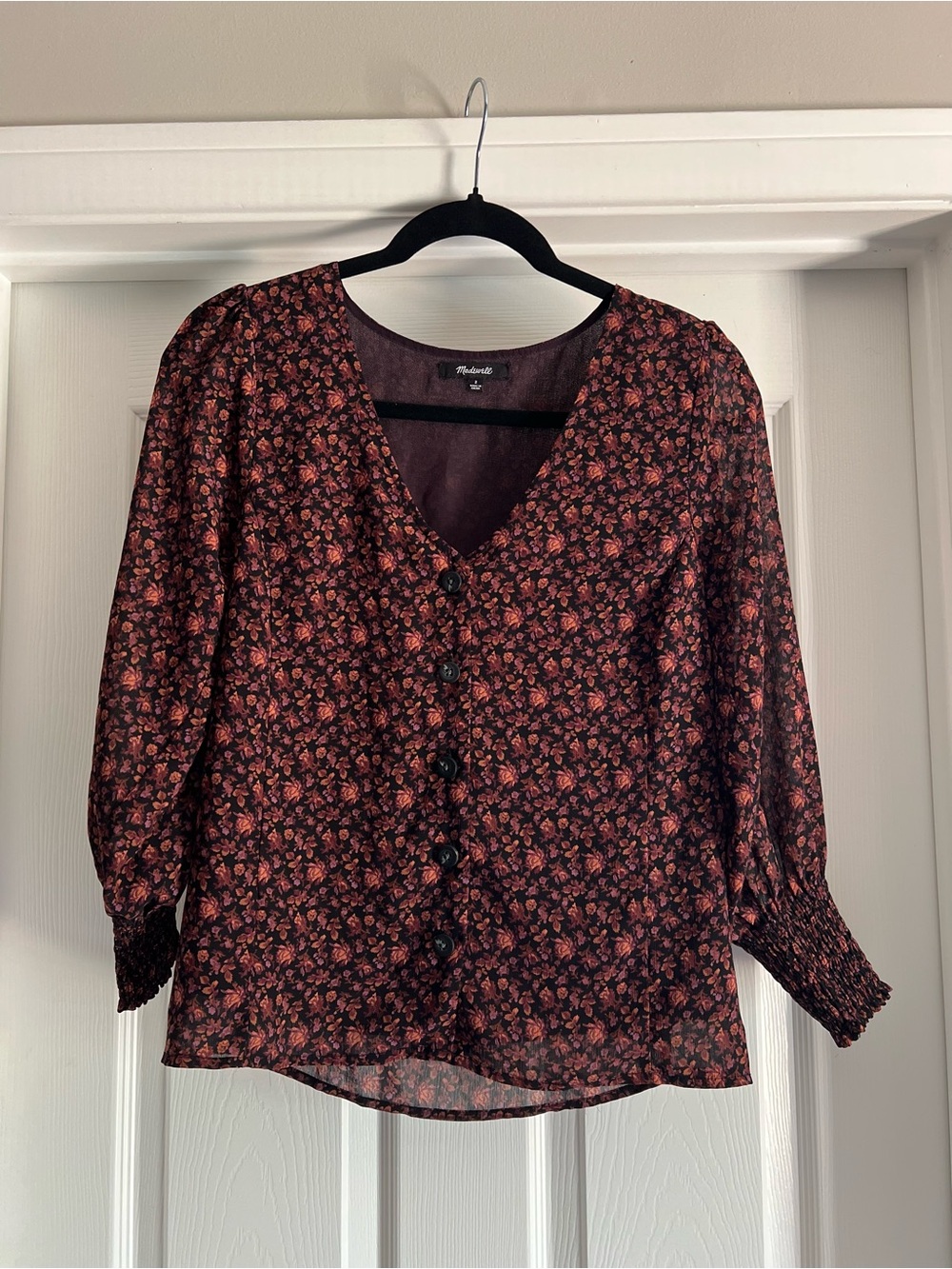 Madewell Orchard Black Floral Georgette Smocked Cuff Button Up Blouse Sheer 2